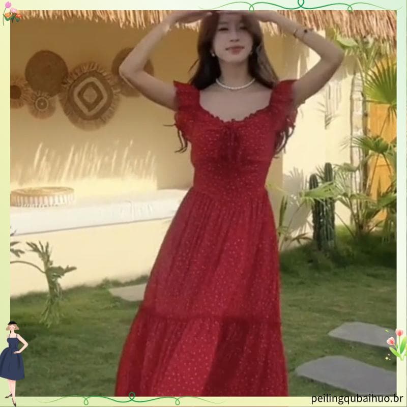 Francês pequeno manga voadora vermelho Halter vestido crianças verão 2025 novo estilo férias à beira-mar bela cintura es