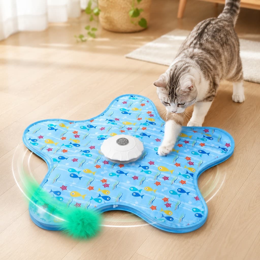 Brinquedo Interativo Automático para Gatos Tapete Estrela 360° com Varinha Oculta Pelúcia USB-C 3 Velocidades