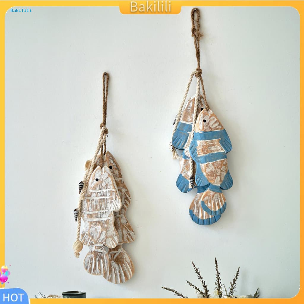{ Bakilili } Decoração De Parede De Banheiro Boho Arte Costeira Peixe De Madeira Náutica Rústica Com Rede De Pesca-Ornam