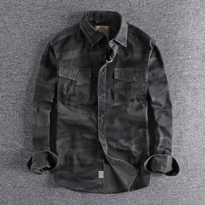 Camisa utilitária de manga longa com estampa camuflada japonesa-americana da T trendy para homens, primavera/outono, com