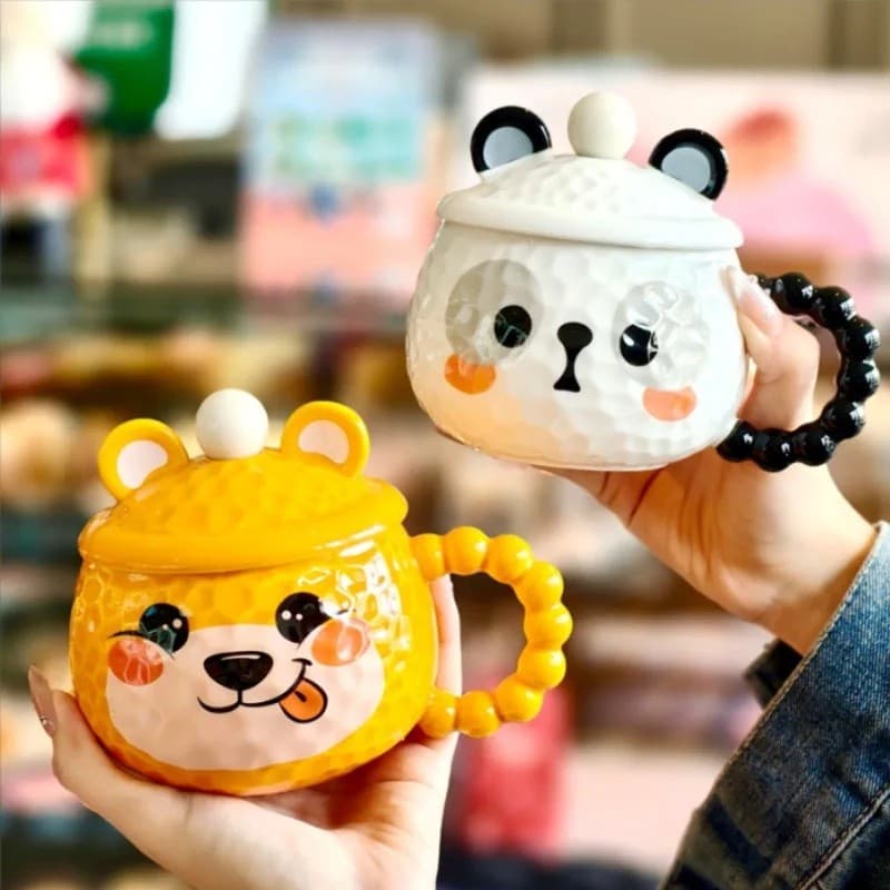 Copo De Cerâmica Animal Fofo Com Tampa E Colher Caneca De Desenho Animado De Estudante Casal Água De Alto Valor
