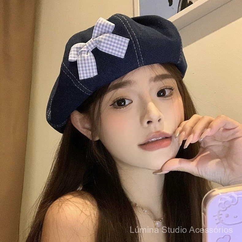 Boina de ganga com laço doce estilo japonês para mulheres, primavera e verão, faz o rosto parecer menor, casual e versát