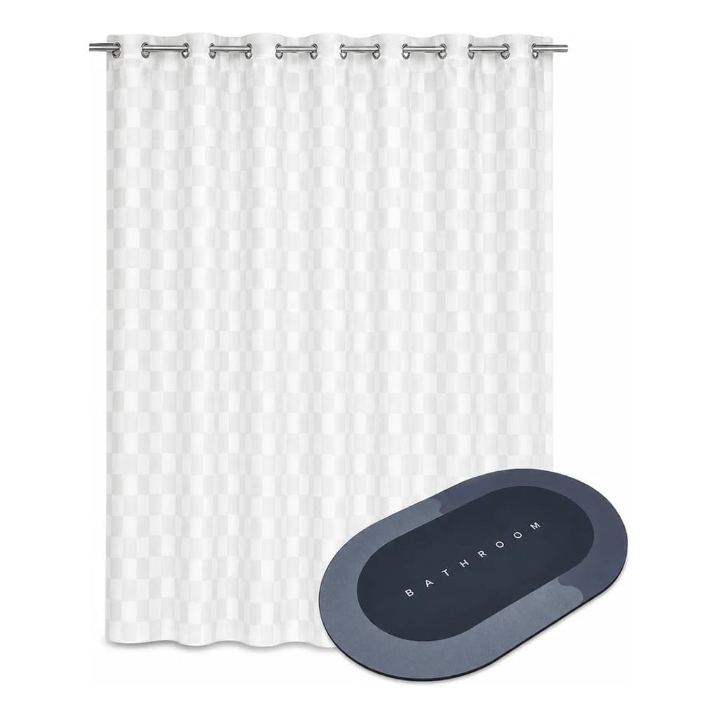 Kit Cortina Box PVC 3D Transparente 1,98x1,38m com Tapete Antiderrapante 58x38cm Ilhós Reforçados Banheiro