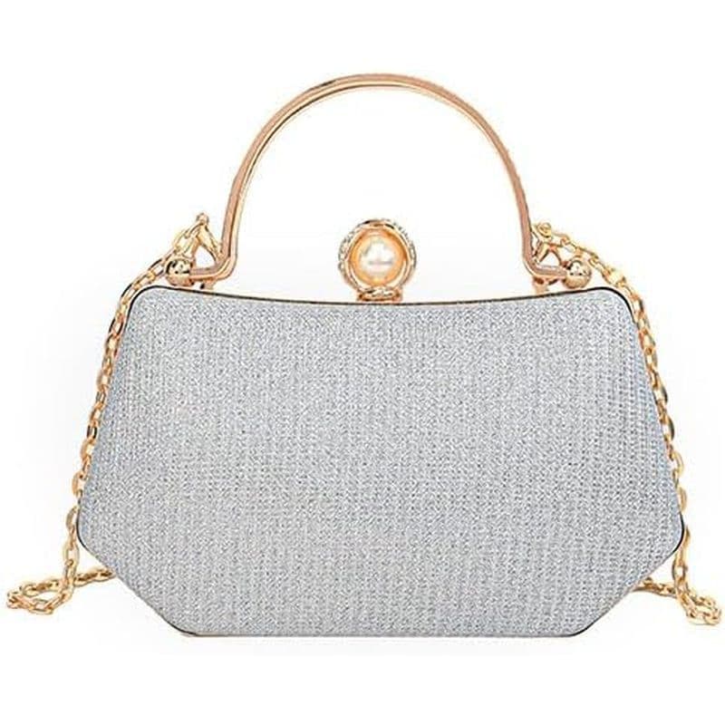 Bolsa Elegante Para Noite , Couro PU Cinza Prateado Com Detalhes Em Pérolas , Alça Dourada , Estruturada Pequena