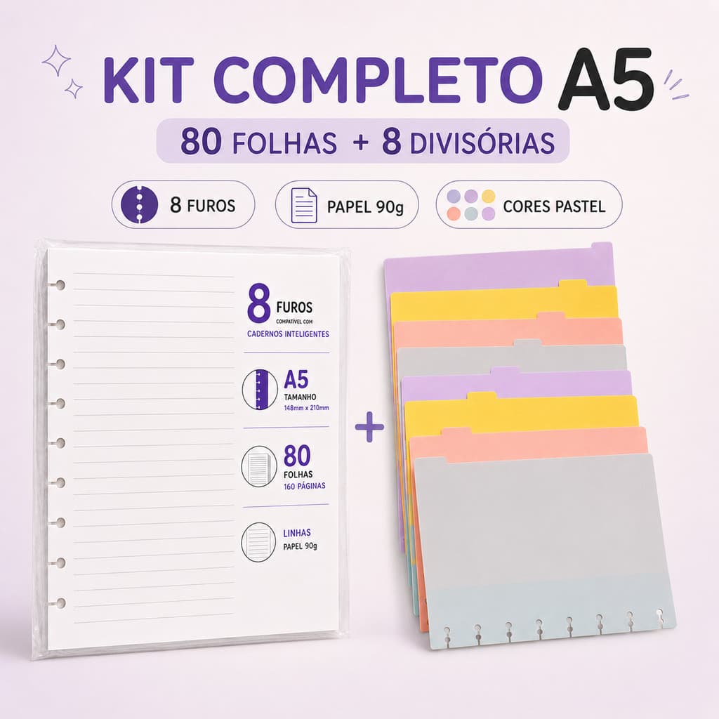 Refil 80 Folhas + Kit 8 Divisórias Compatível com Caderno Inteligente A4 A5 B5