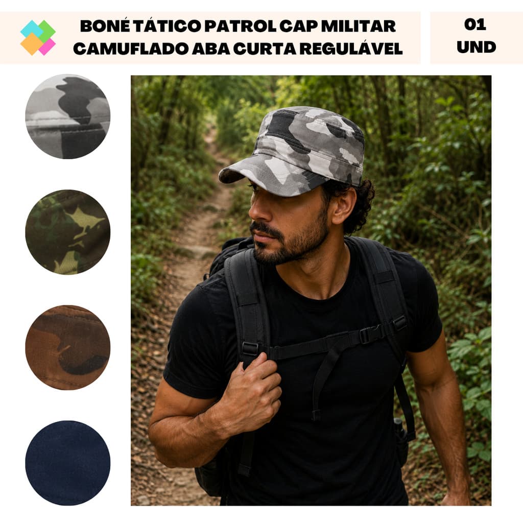 Boné Tático Patrol Cap Militar Camuflado Aba Curta e Regulável (1 Und)