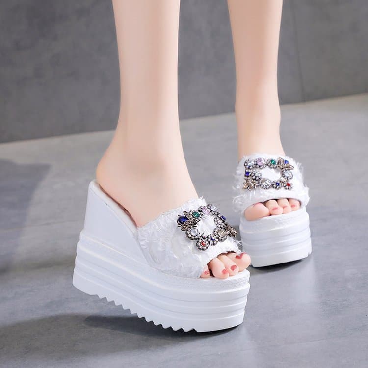 Chinelos de salto Ultra-alto feminino 2023 verão moda strass pano boca de peixe plataforma à prova dwaterproof água Muff