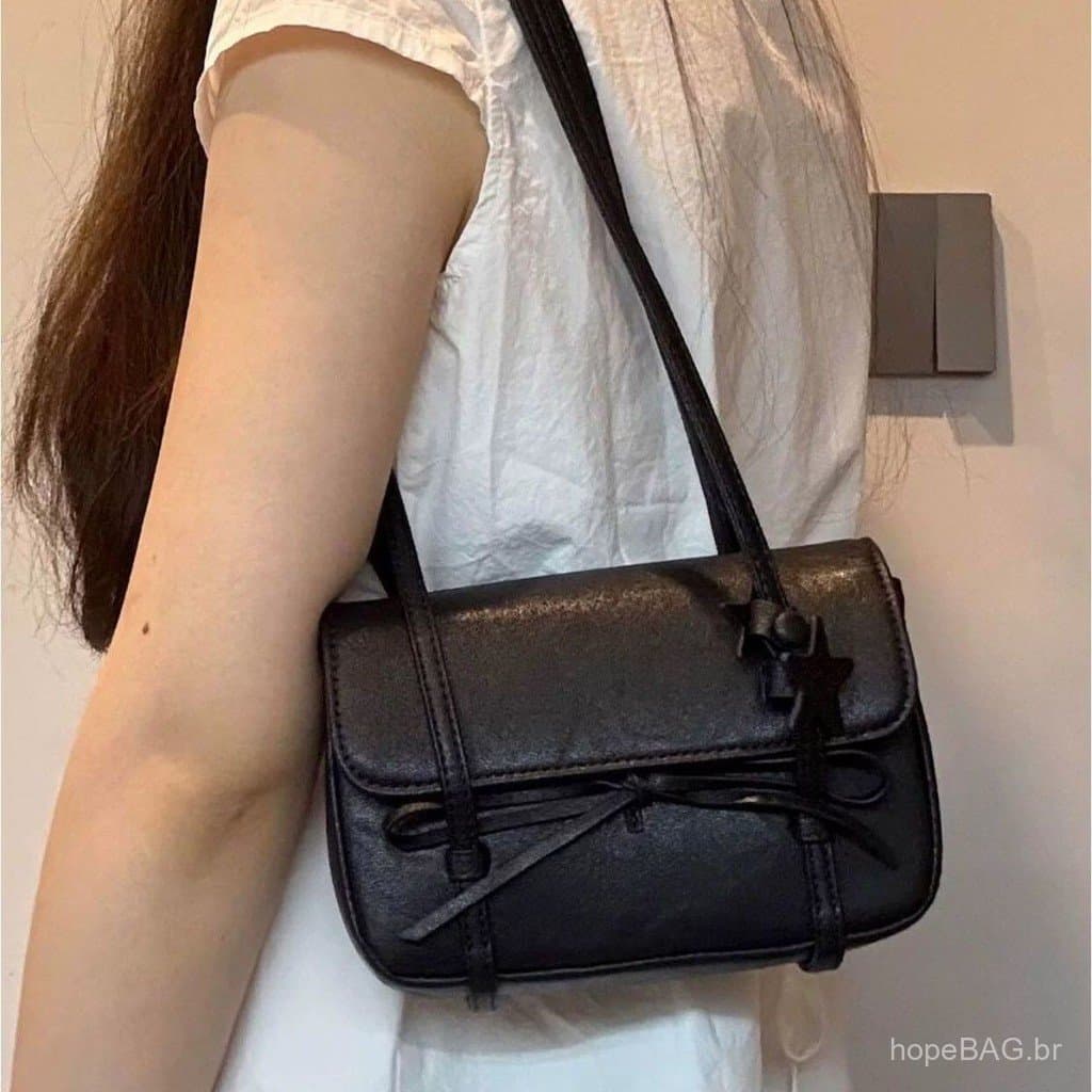 Bolsa de ombro feminina preta com laço, modelo 2026, de alta qualidade, luxo discreto e requintada para uso diário.
