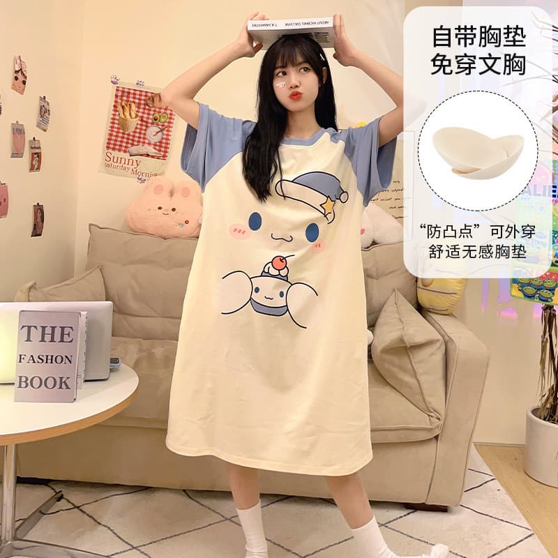Camisola com almofada no peito primavera verão senhoras pijamas de manga curta em torno do pescoço dos desenhos animados