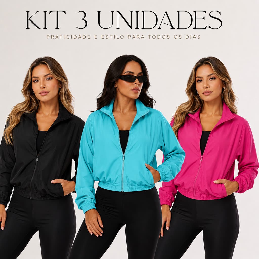 Kit 3 Jaquetas Corta Vento Treino Feminino Fitness Bomber Academia Esportiva Leve Secagem Rápido