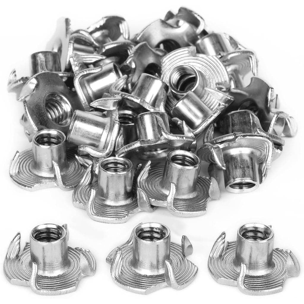 Porcas T 1/4"-20 30 Peças Aço Inoxidável 304 Porcas T de Quatro Garras para Madeira, Suportes de Escalada, Móveis de Arm
