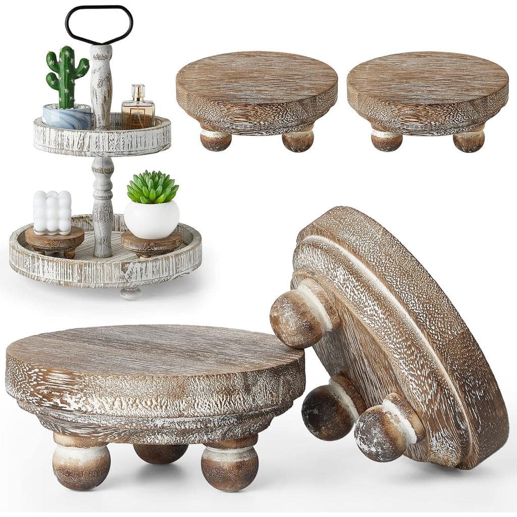 Yalikop Conjunto de 4 Mini Suportes de Madeira para Decoração, Suporte Redondo de Madeira, Pequeno Banquinho de Madeira,