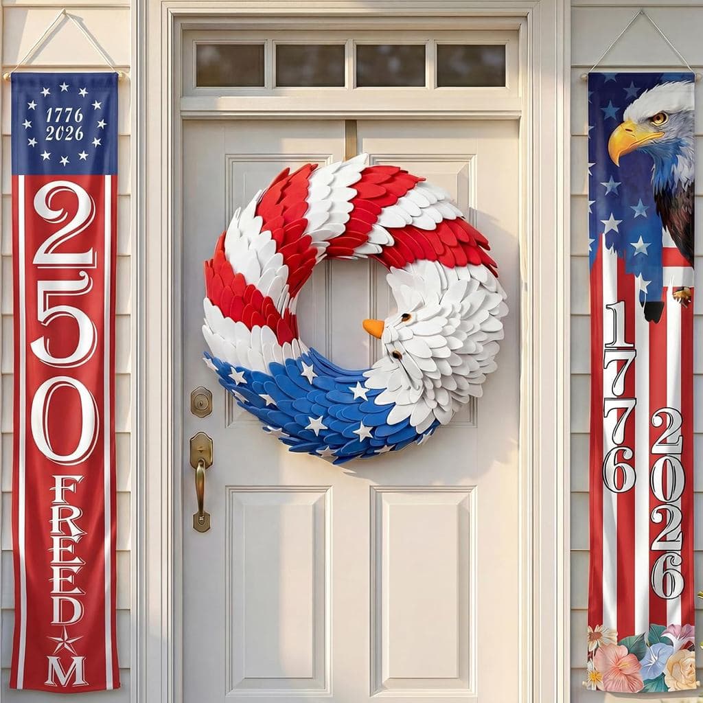 250th Anniversary Eagle Wreath with Patriotic Couplet Set, 3D American Flag Wreath and Door Decoration for Front Door Po
