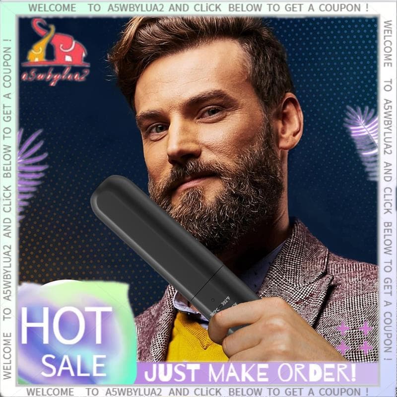 Para Pente Quente Elétrico Masculino : Alisador De Barba , Escova Aquecida Sem Fio Anti-Queimadura Mini Alisamento
