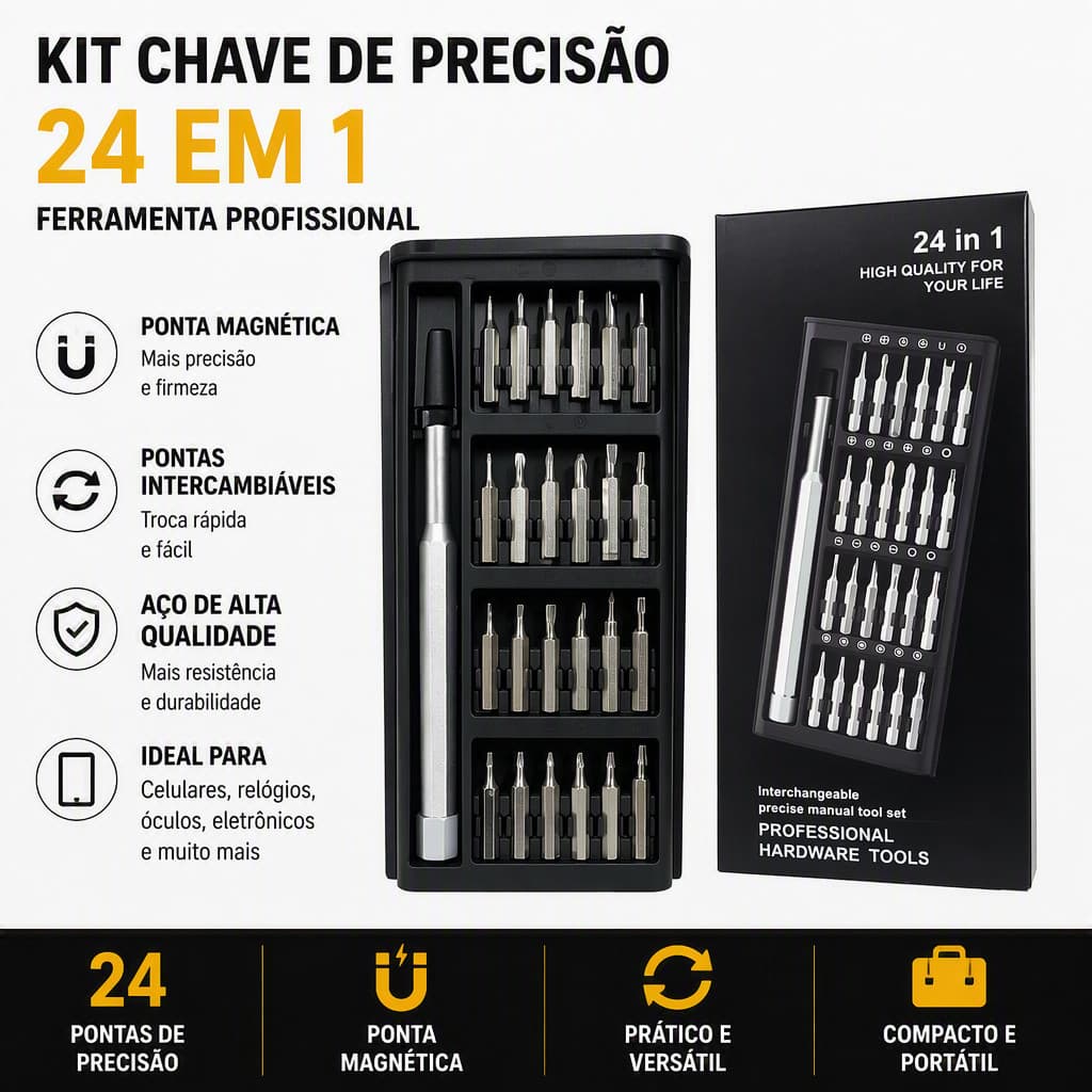 Kit Chave de Fenda Magnética 24 em 1 Ferramenta Profissional Reparo Eletrônico Portátil