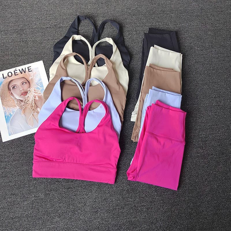 Roupa de Yoga: leggings femininas de cintura alta, cor nude, com costas bonitas, sutiã esportivo fixo com almofada para