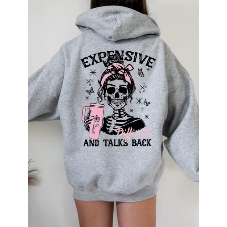 Moletom Canguru Feminino Oversized Caveira Rosa Estampado Com Capuz Bolso Streetwear Casual Inverno