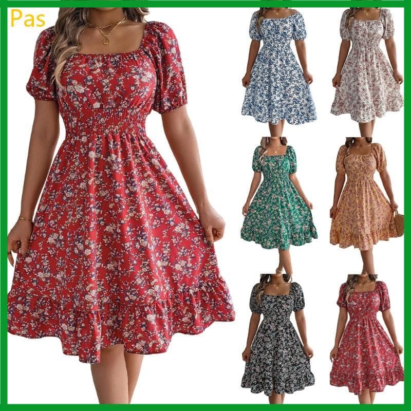 Vestido Feminino Florido Cintura Franzida, Curta, Vestidos Evasê Para Festas Praia