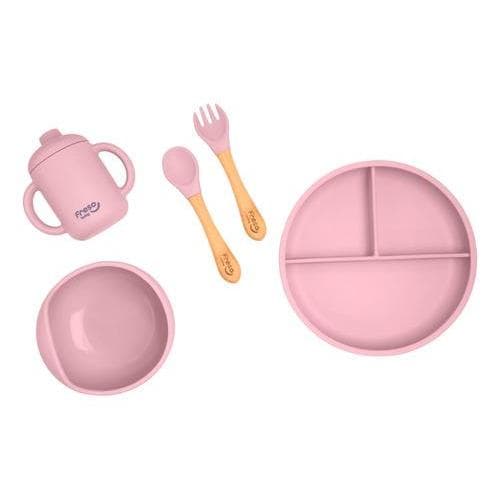 Kit Alimentação de Bebê Freso Baby Silicone Livre BPA Introdução Alimentar Prato com Ventosa Rosa