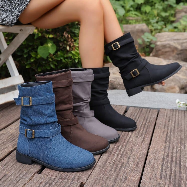 Novas botas de couro femininas casuais de dedo apontado moda tamanho grande botas jeans tubo médio confortável sapatos f