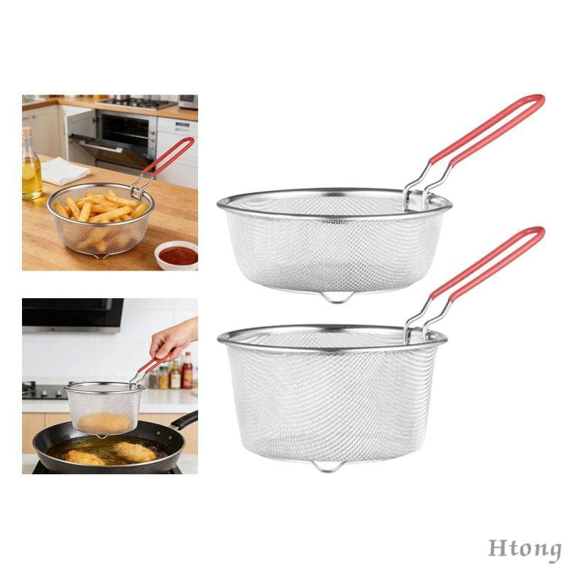 [Htong] Cesta De Fritar Fritadeira De Malha De Aço Inoxidável Alça Dobrável Filtro De Drenagem De Óleo Utensílio De Cozi