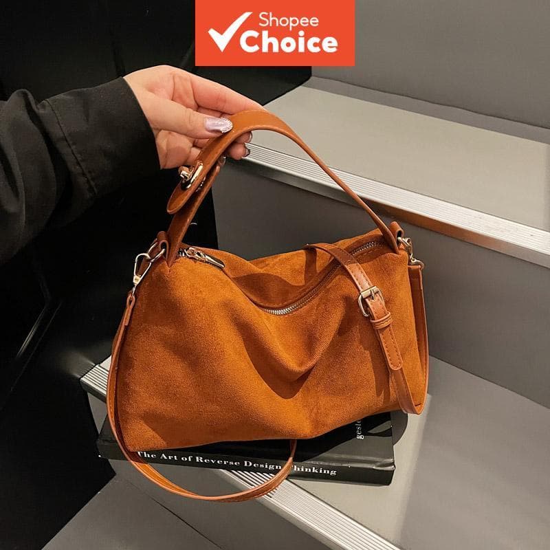 Bolsa Tote Vintage em PU com efeito camurça | Bolsa tiracolo dupla face com pregas macia | Bolsa de estilo preguiçoso