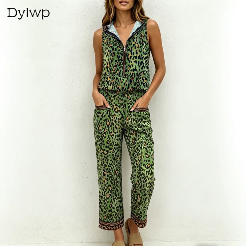 Macacão Feminino Sem Mangas Com Capuz Estampa De Leopardo Casual Rua Cintura Elástica Solta Macacões Longos Bolsos