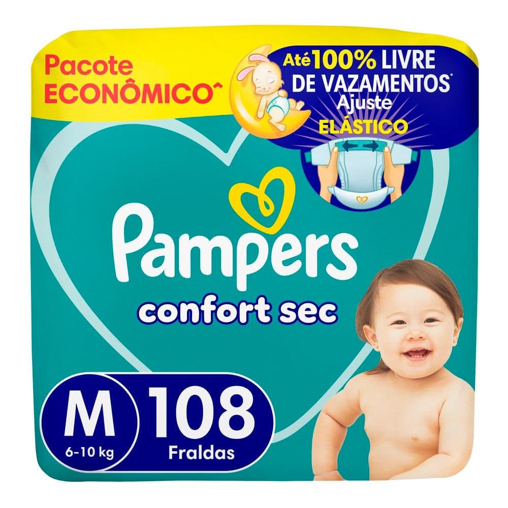 Fralda Pampers Confort Sec Tamanho M 108 Unidades Descartáveis Pacote Econômico