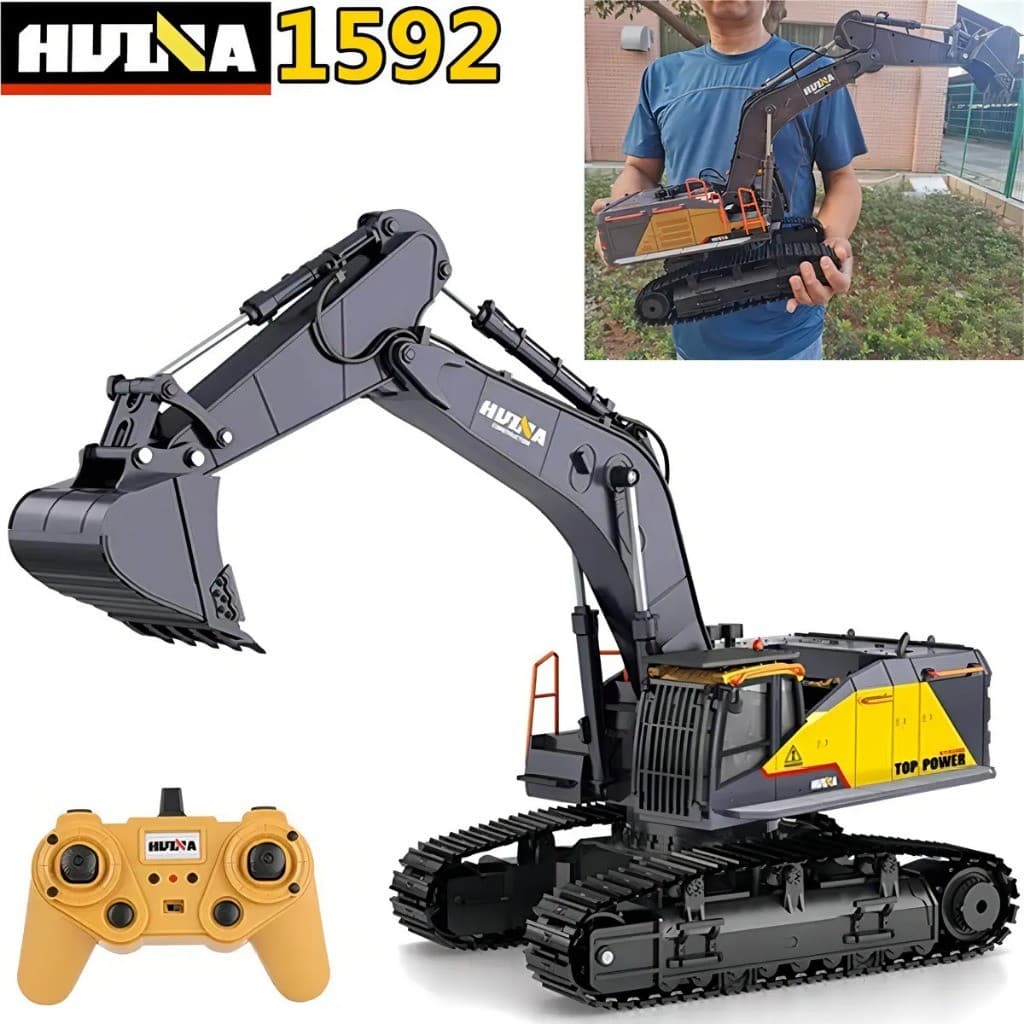 Escavadeira Controle remoto  Huina 1592 Preta Amarela 22 Canais 1:14