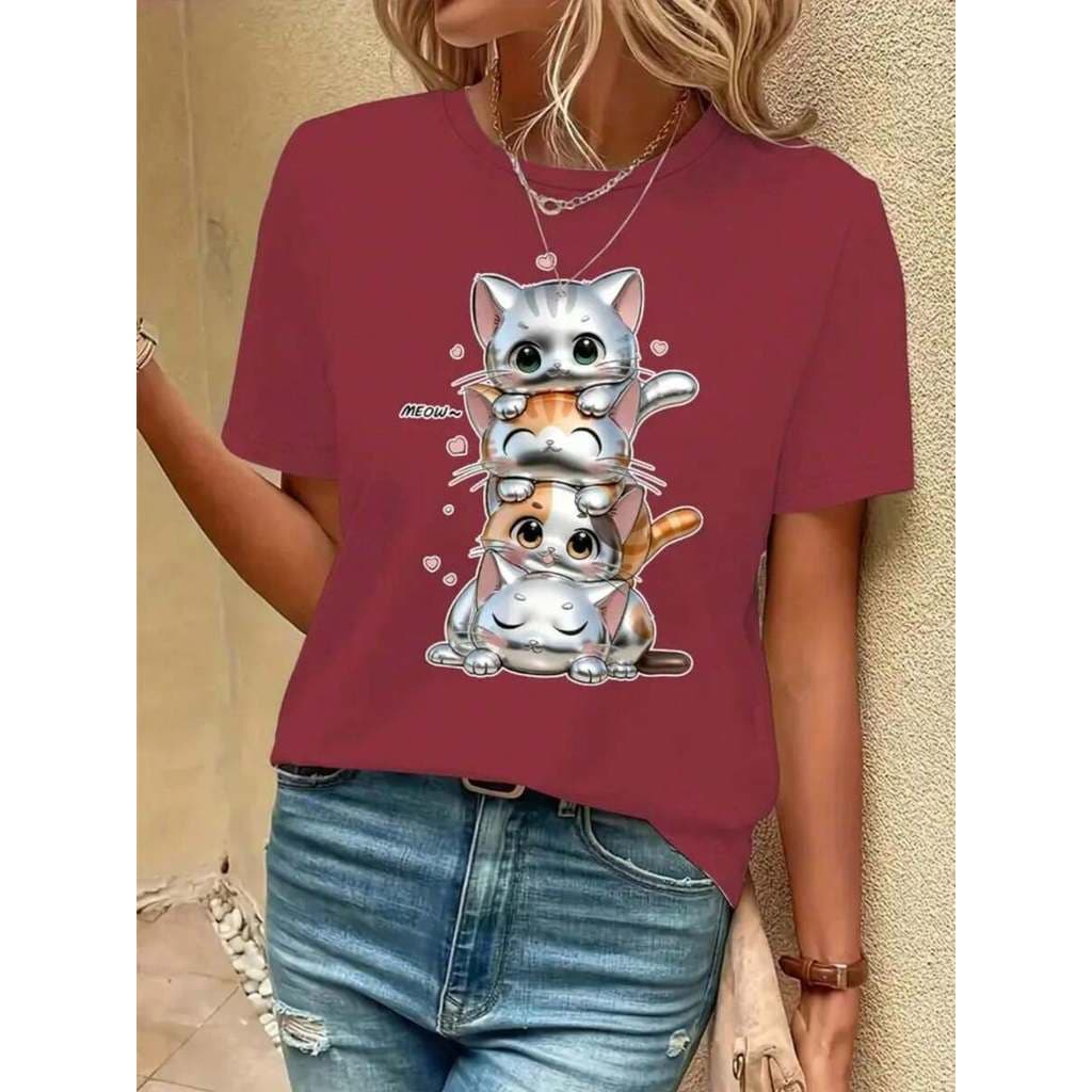 Camisa Feminina Gatinhos Blusinha Algodao Malha Premium Lançamento Moda Feminina Camiseta Casual