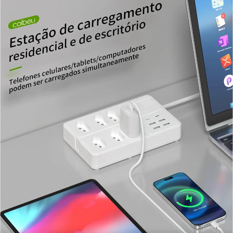 Extensão de Tomada Régua 6 Saídas 4 USB 2 Tipo-C Cabo 2M 2500W Bivolt