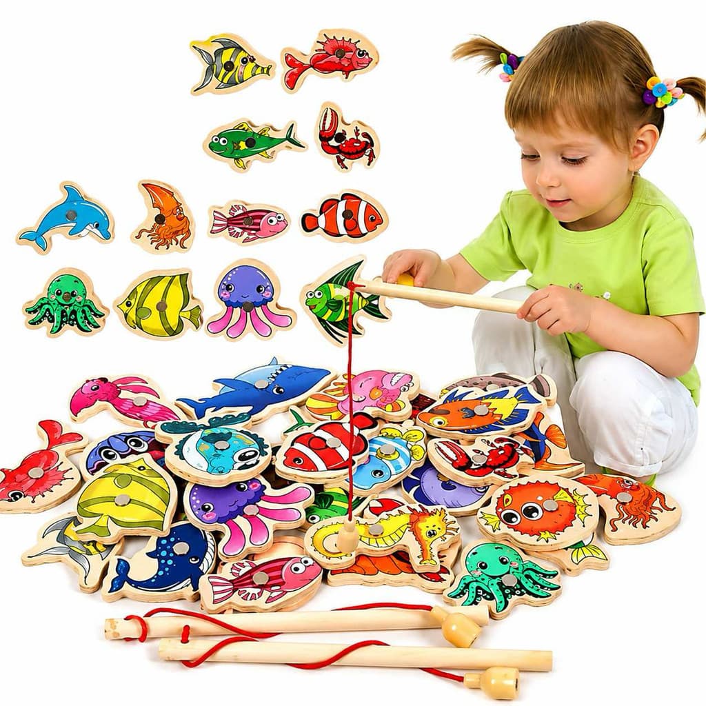 Jogo De Pesca 54 Peças Magnética Infantil Em Madeira 51 Peixes 3 Varas Educativo Montessori