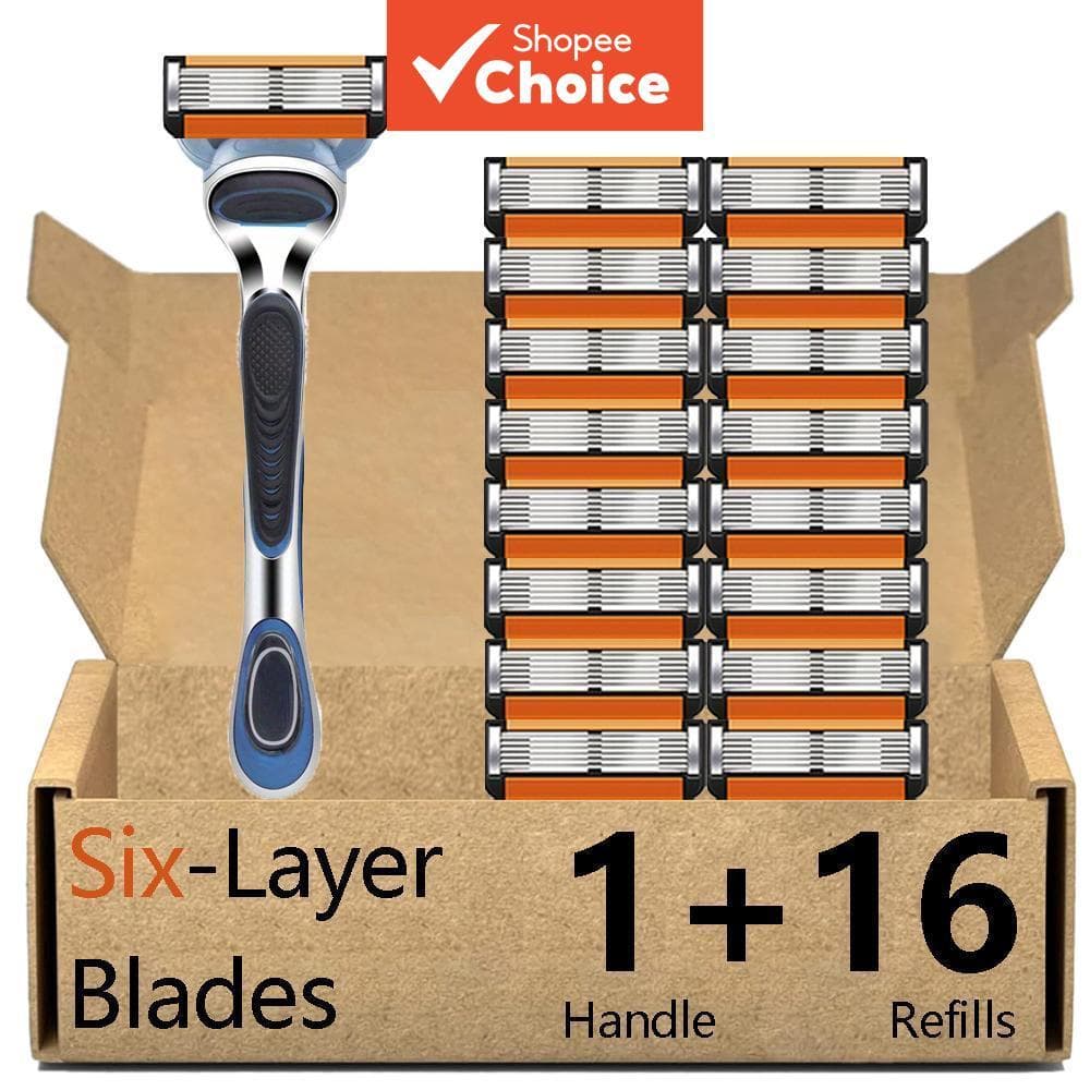 Barbeador manual de segurança masculino, 1 cabo + 16 lâminas, lâminas de reposição de 6 camadas em aço inoxidável,