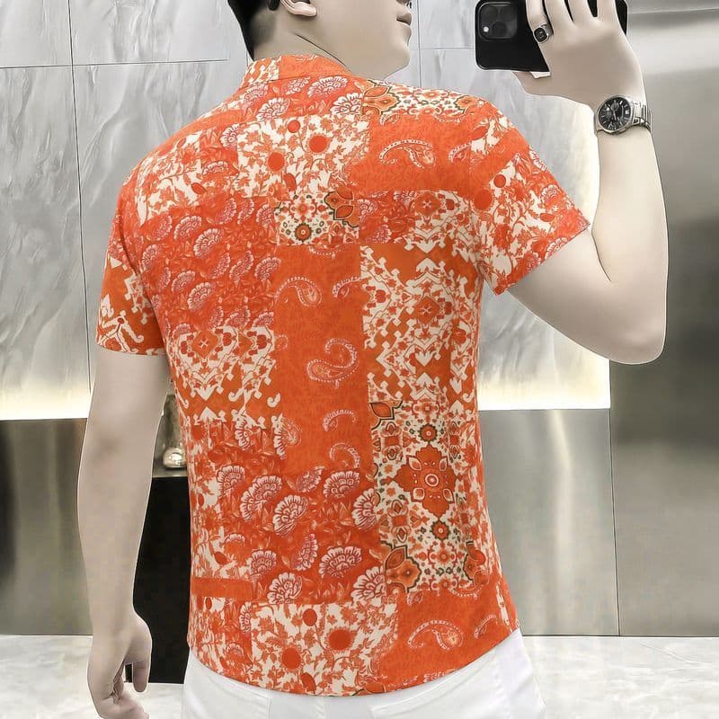 Retro masculino novo estilo camisa estilo fino verão impressão All-Match Casual Street Wear camisa solta de manga curta