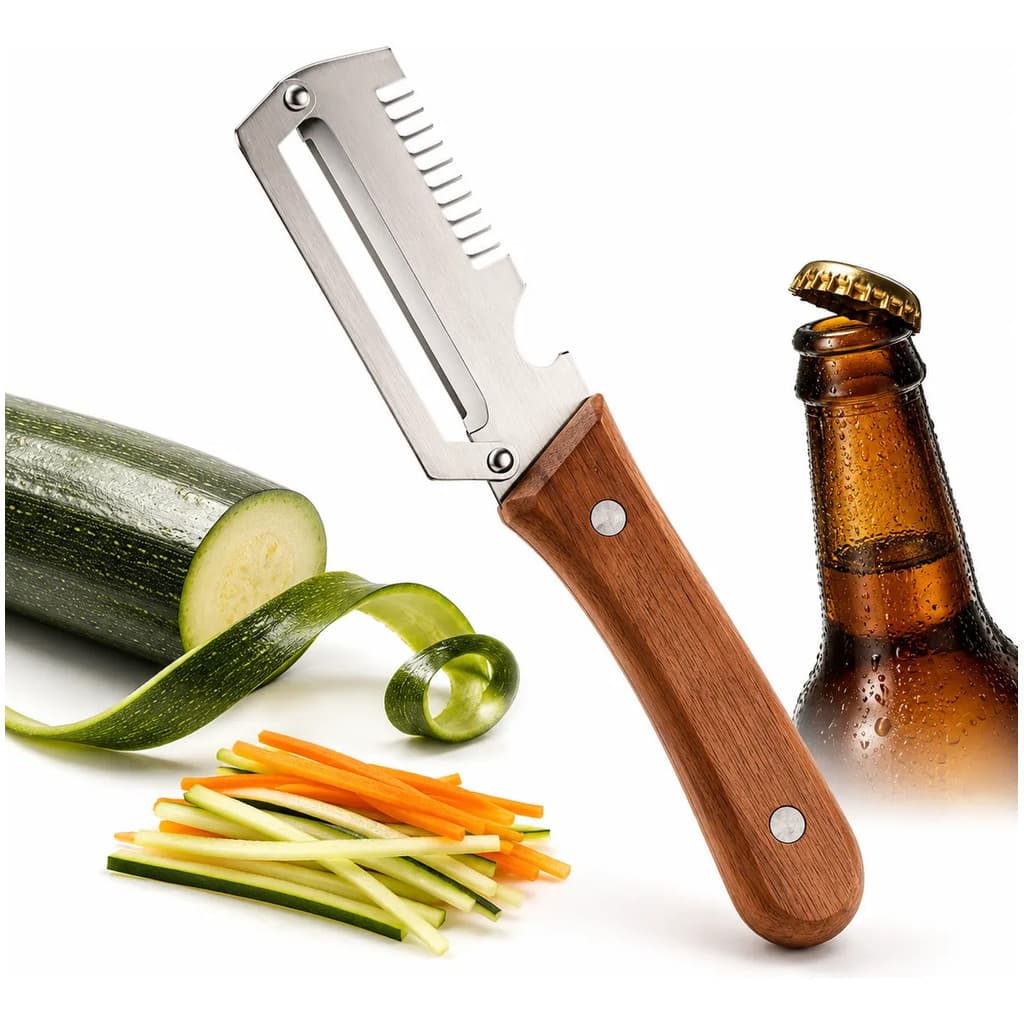 Descascador Fatiador De Legumes E Frutas 3 Em 1 Inox Cabo de Madeira Com Abridor de Garrafas