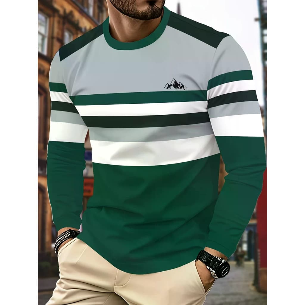 Camiseta Listrada Clássica De Manga Comprida Masculina , Gola Redonda , Para Todas As Estações , Negócios Casuais , Roup