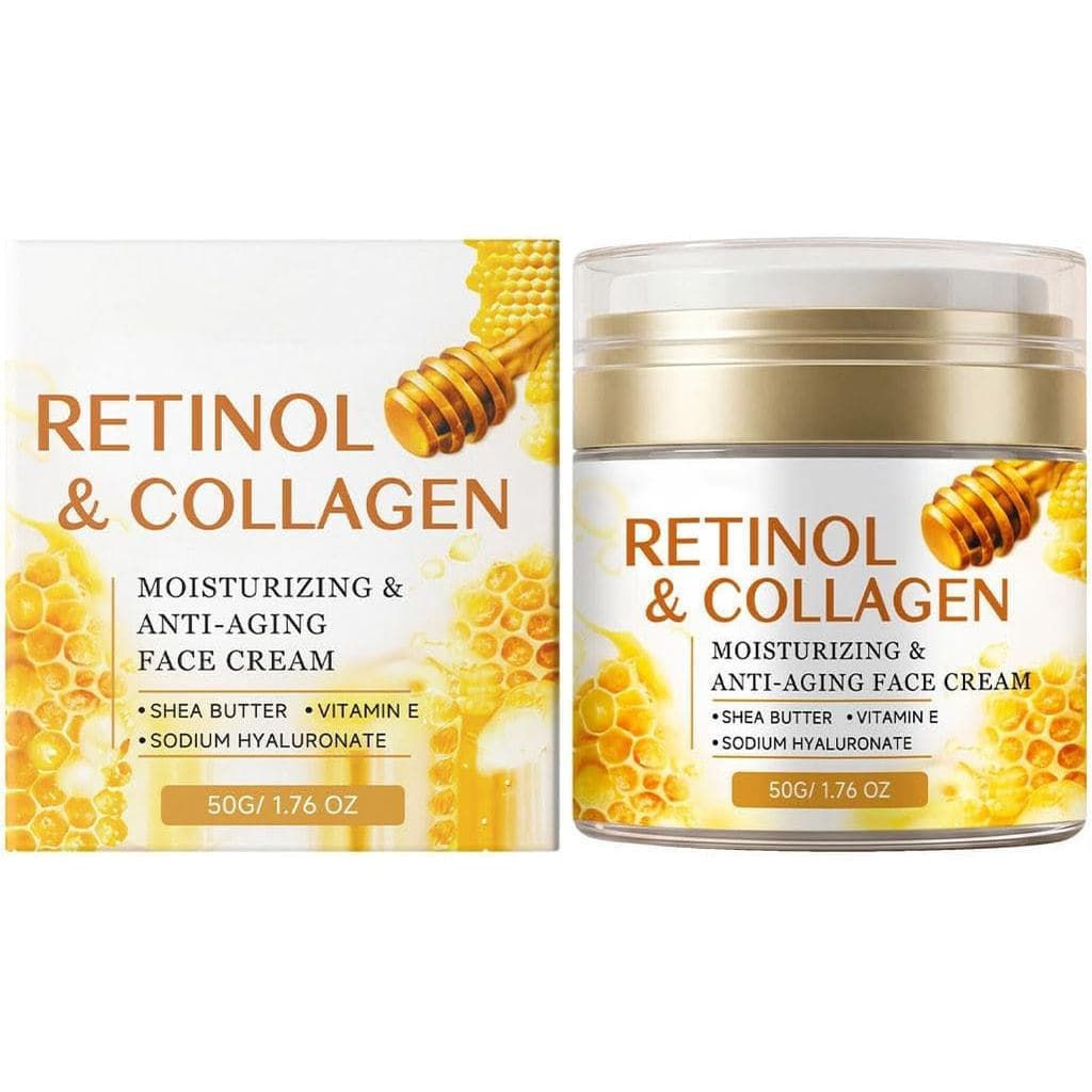 Retinol facial anti-envelhecimento, creme hidratante contendo colágeno e mel, adequado para rugas no rosto e pescoço.