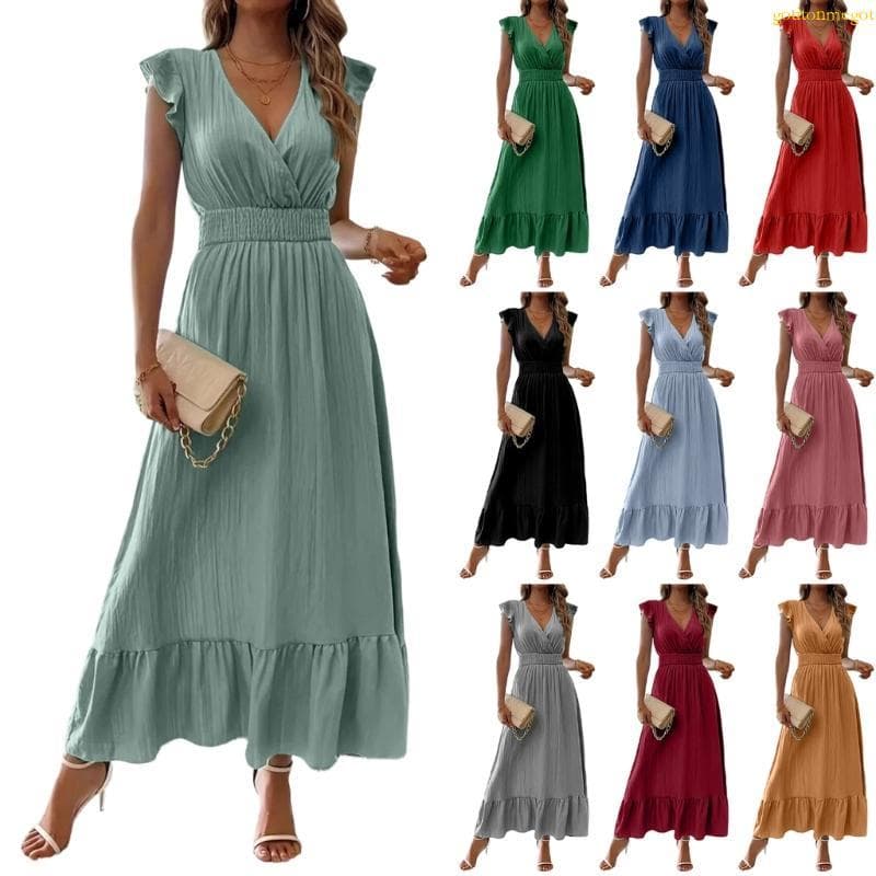 gotitonmegot Vestido Feminino Casual Decote V, Babados E Maxi Fluido