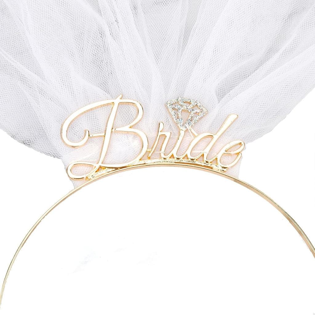Tiara de Noiva com Véu, Dourada, 1 Unidade (Pacote com 1), Tiara para Festa de Noivado, Chá de Panela, Despedida de Solt