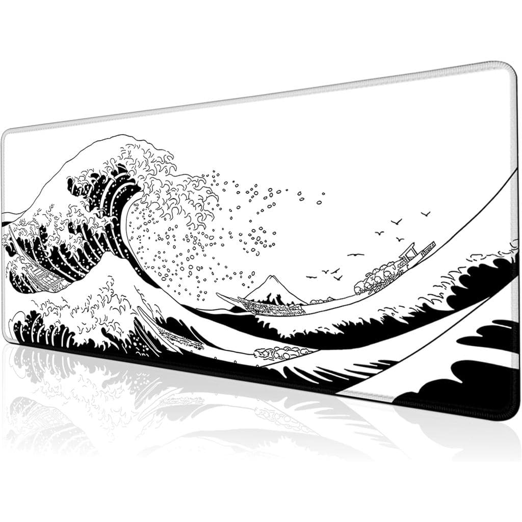 Mousepad para jogos para mesa, mousepad grande para laptop, mousepad preto e branco com estampa de ondas japonesas de an
