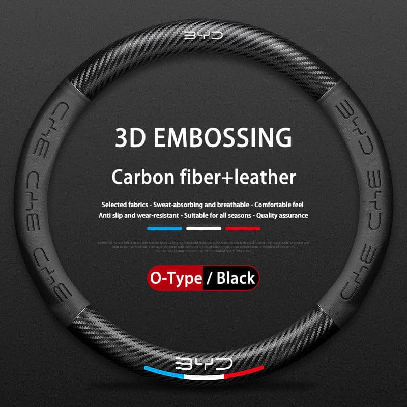 Capa de Volante de Carro em Couro de Fibra de Carbono com Relevo 3D 38cm para BYD ATTO 3 yuan plus 2022 2023 4 Peças Ace