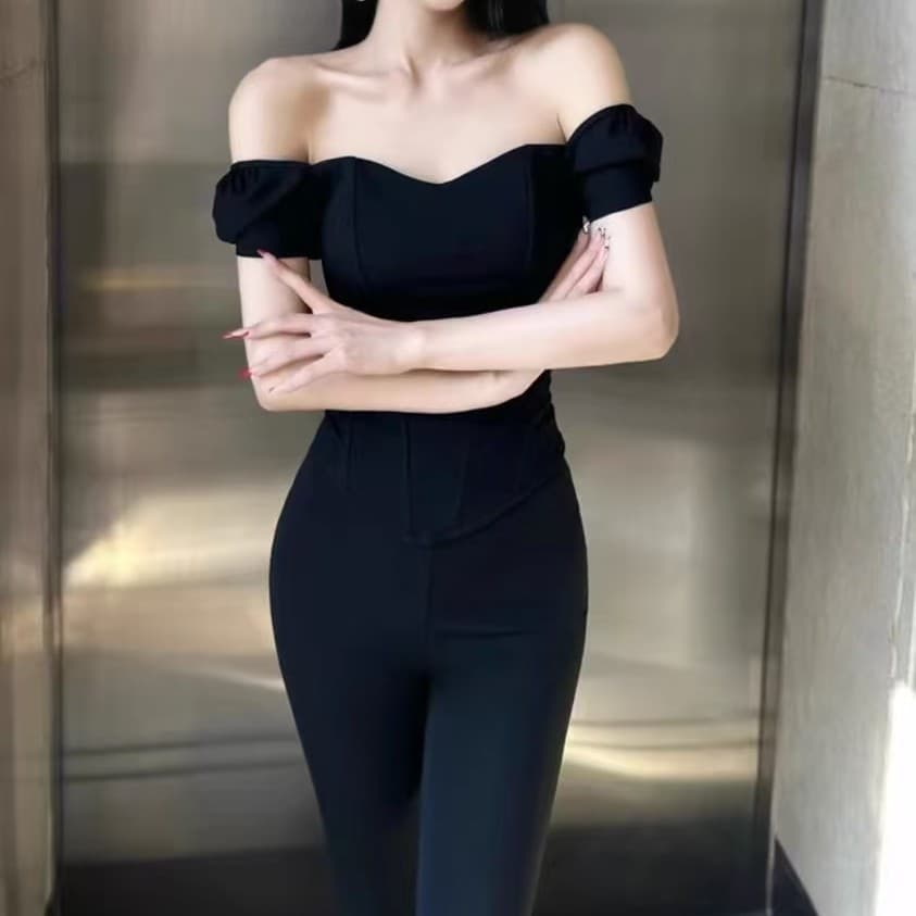 Corset francês de manga curta estilo street com bojo, top justo off-shoulder para mulheres.