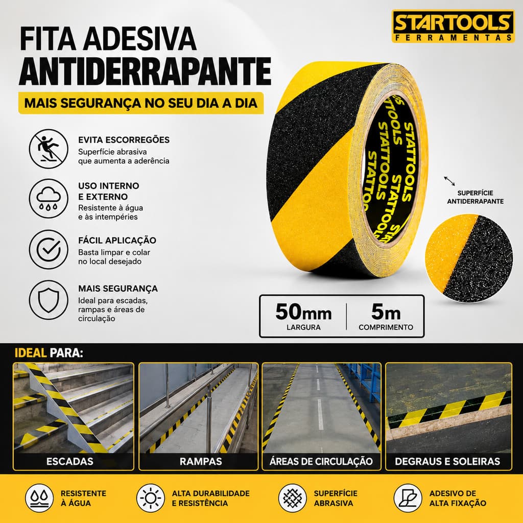 Fita Antiderrapante Adesiva 50mm x 5m Zebrada Preta Amarela para Escada Rampa Piso