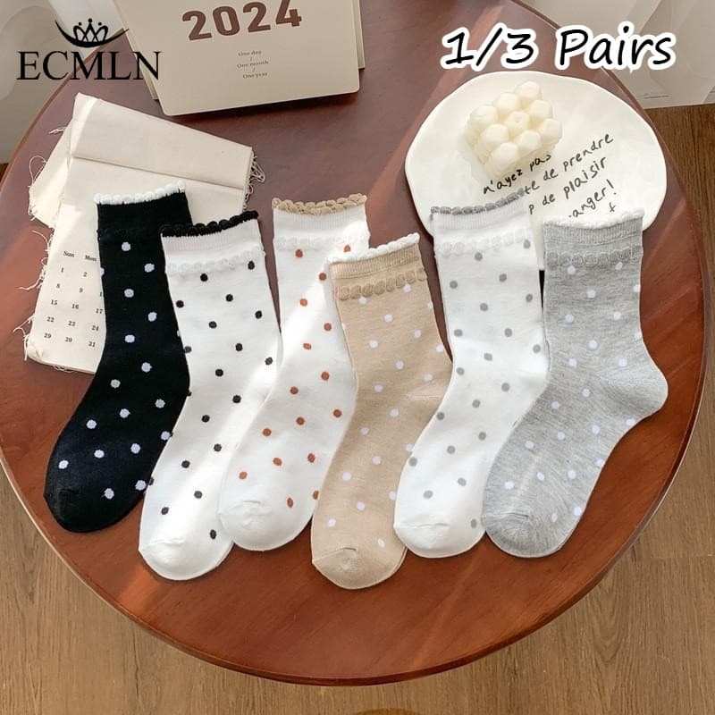 ECMLN 1/3 Pares Femininos Estilo Japonês Meias De Cano Médio Balé Bolha Babado Bolinhas Fofas JK