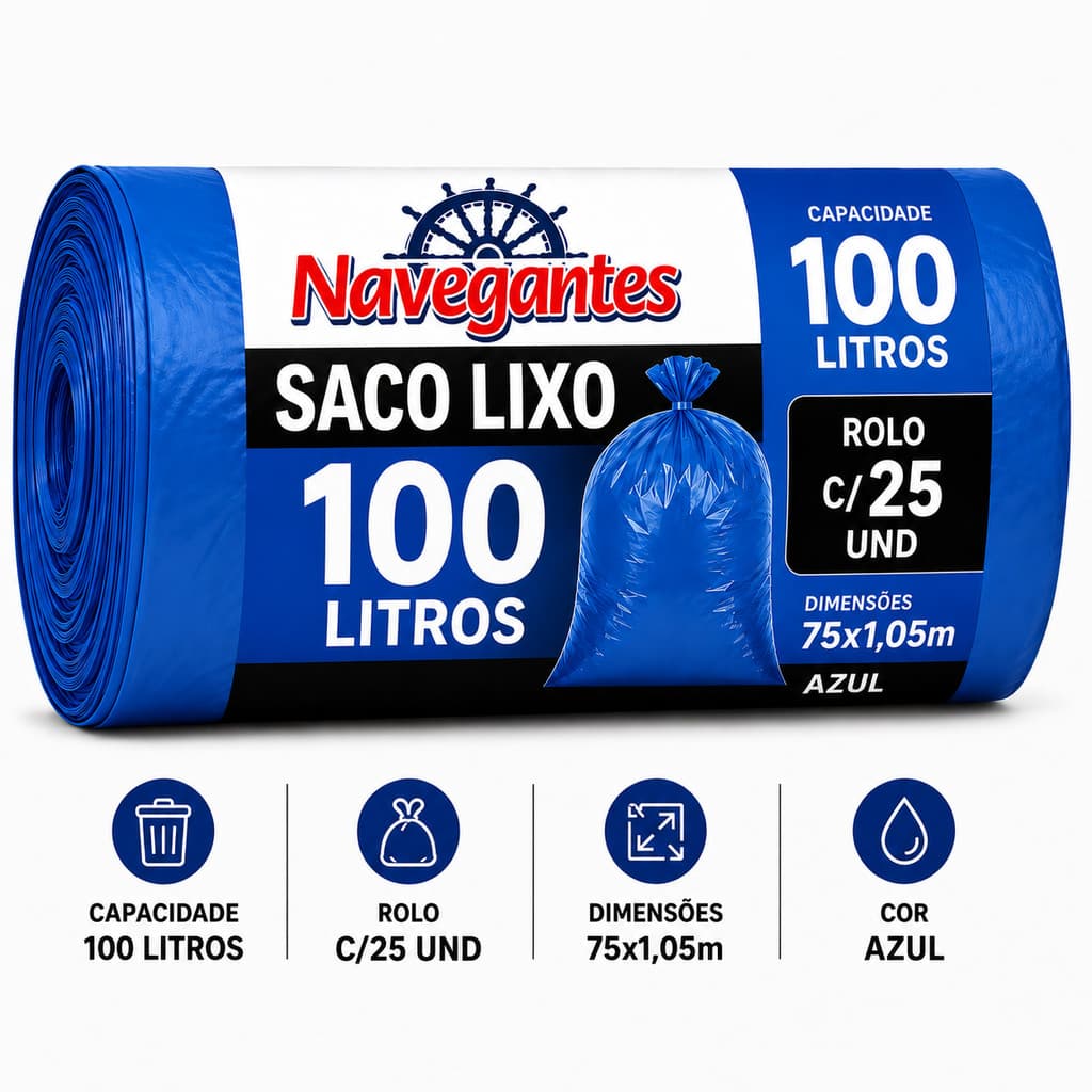 Saco Lixo 100 litros Rolo C/25 Unidades Navegantes Azul 75x1.05cm