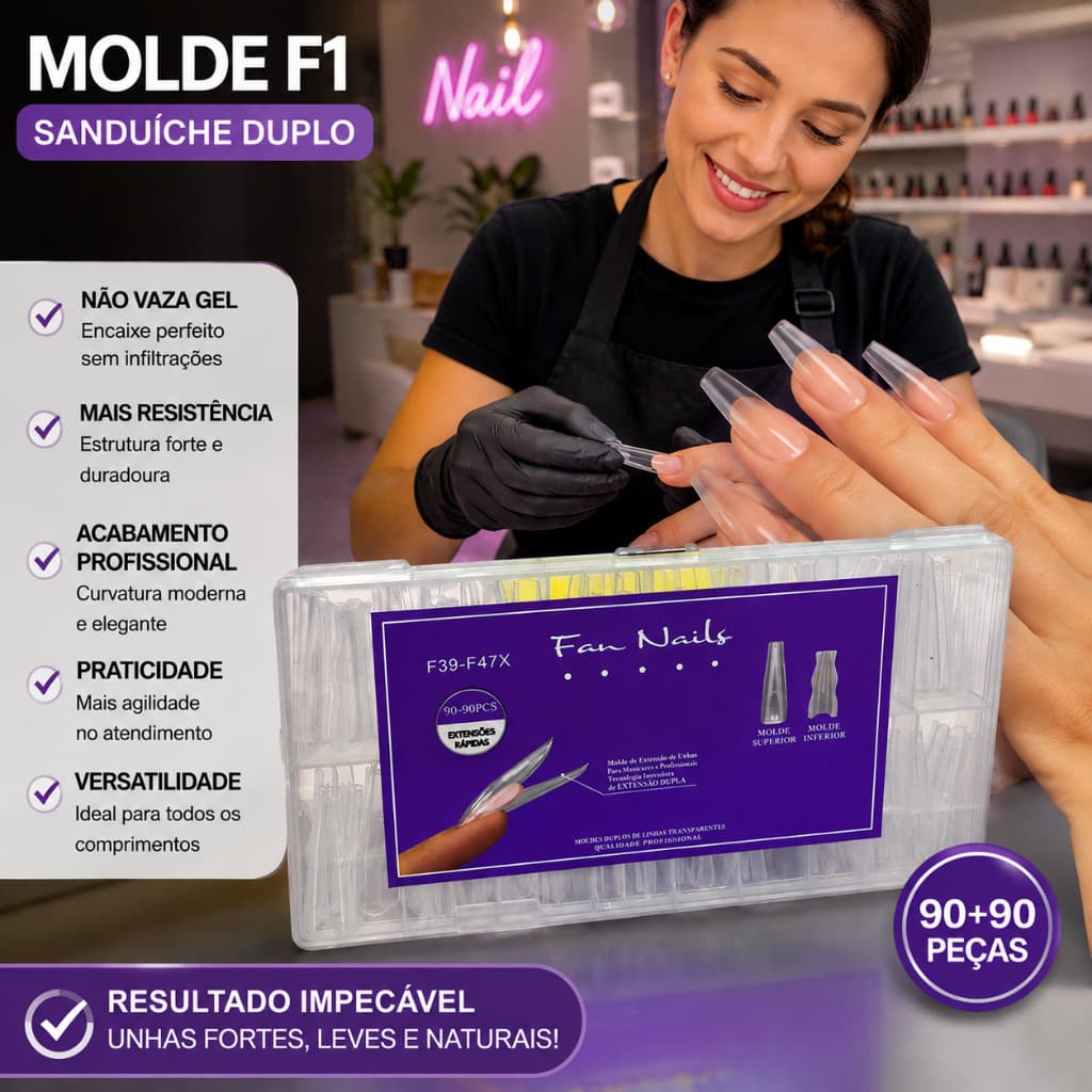 Molde f1 para polygel 120pçs fan nails CURVATURA C caixa mista tamanhos MOLDE SANDUICHE FAN