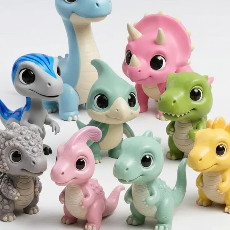 COLEÇÃO DE DINOS ADORÁVEIS  Kit Criativo de Pintura de Dinossauros Bebê Chibi - Pinte e Brinque! (9 Peças)