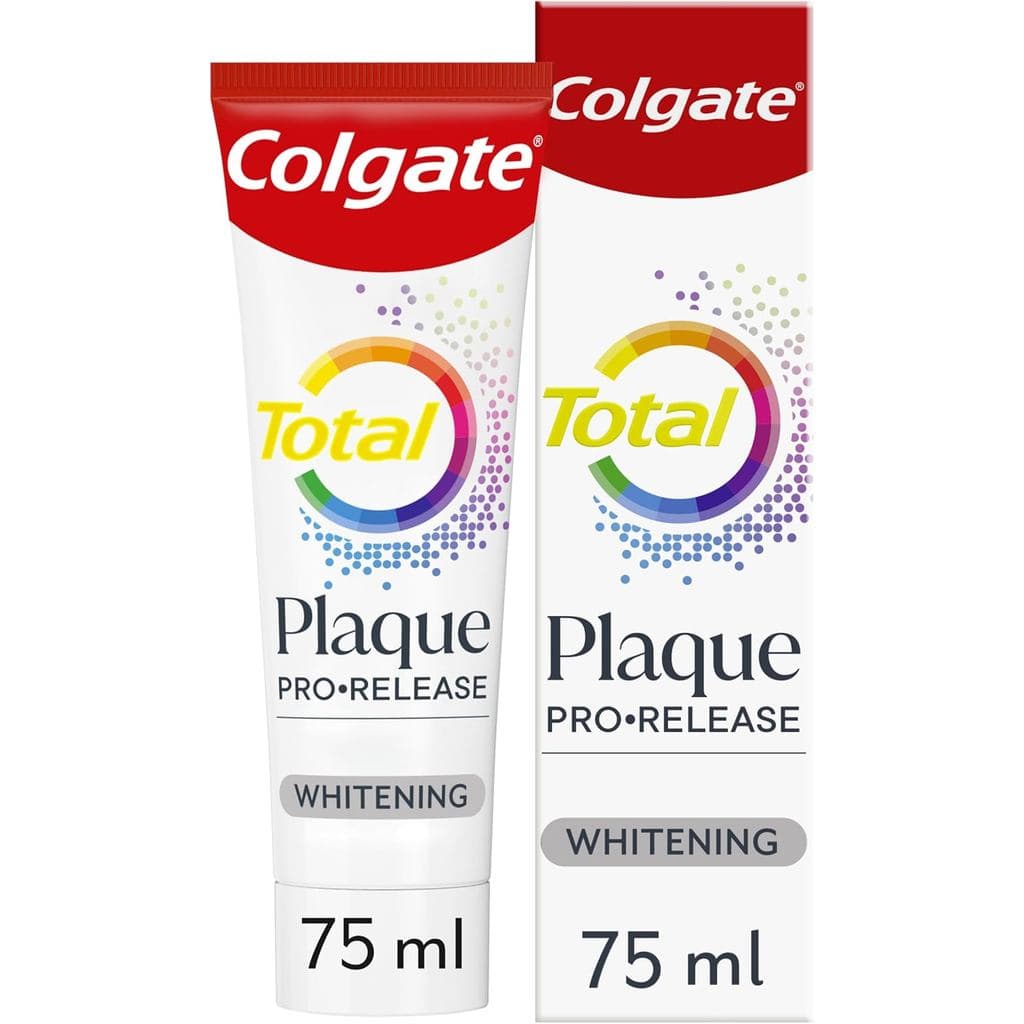 Pasta de Dente Colgate Total Plaque Pro-Release Whitening 75ml, Removedor de Placa Dental, Sem SLS e Limpeza Suave, diss