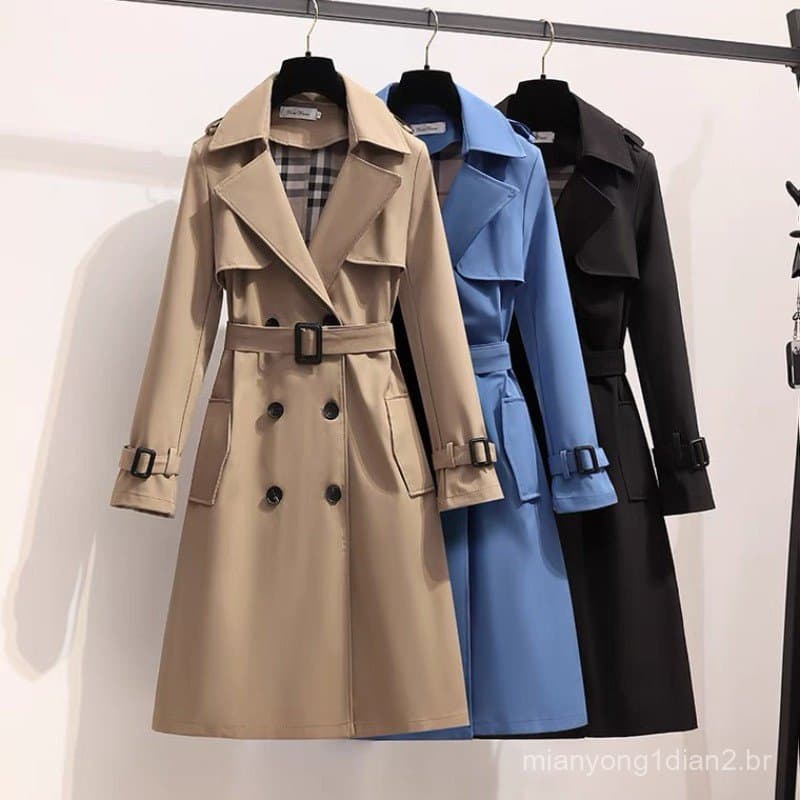 Moda Coreana Vintage Solto Casaco Primavera Outono Manga Longa Duplo Breasted Cintura Alta Midi Blusão .