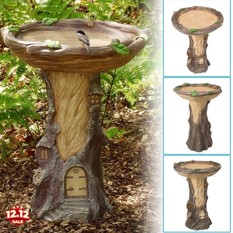 Banho De Pássaros Fairy Garden Com Casa Em Miniatura-Resina De Aparência De Madeira Para Decoração Ao Ar Livre
